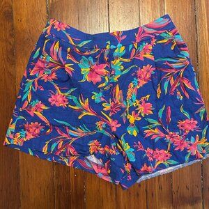 J Crew Blue Linen Blend Pleated High Rise Floral Print Shorts - Size 4